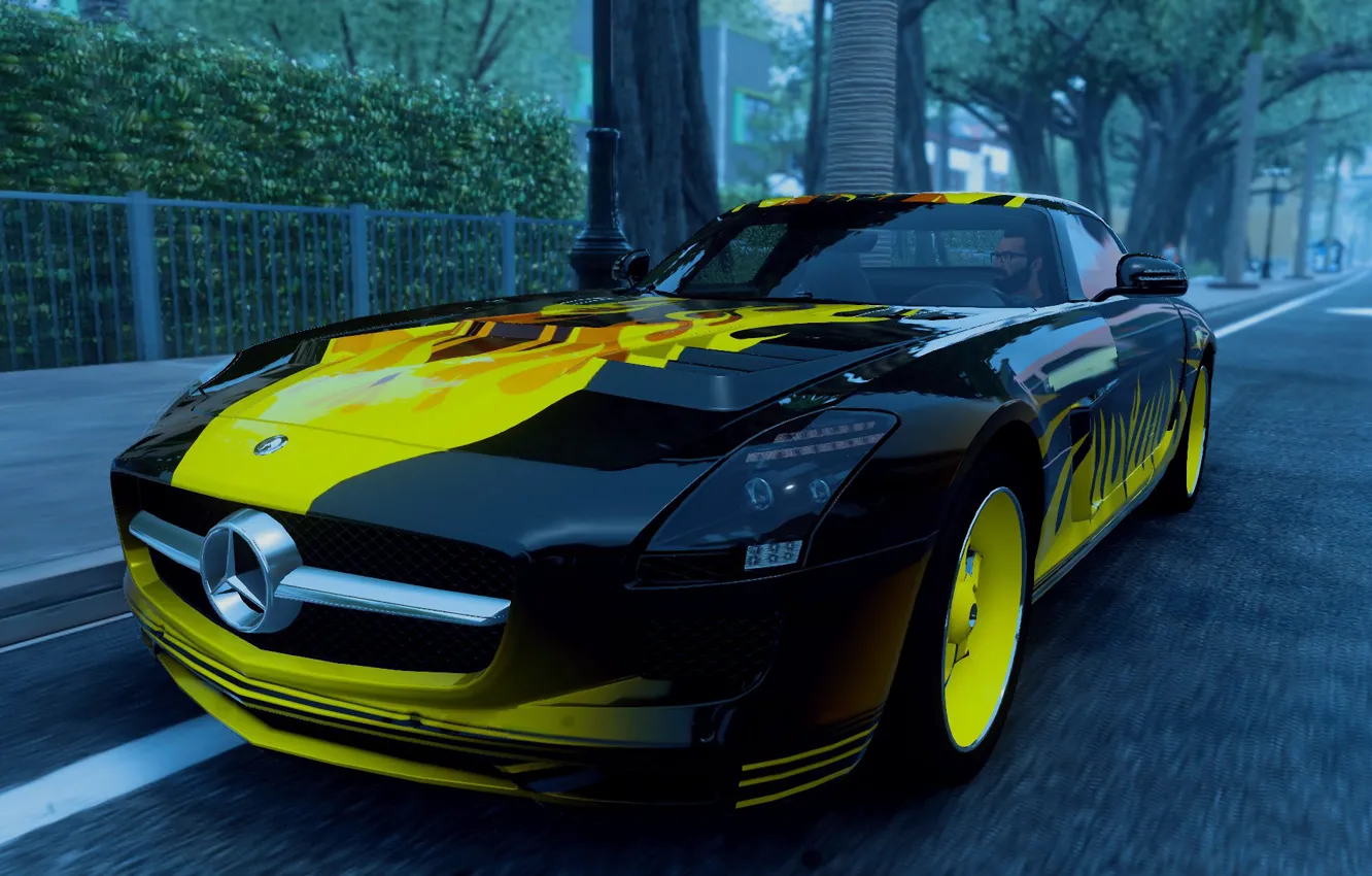 Photo wallpaper road, yellow, flame, black, Mercedes-Benz, roadside, the bushes, AMG