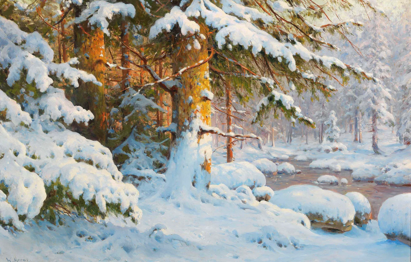 Photo wallpaper winter, snow, trees, stream, picture, pine, winter landscape, Walter Moras