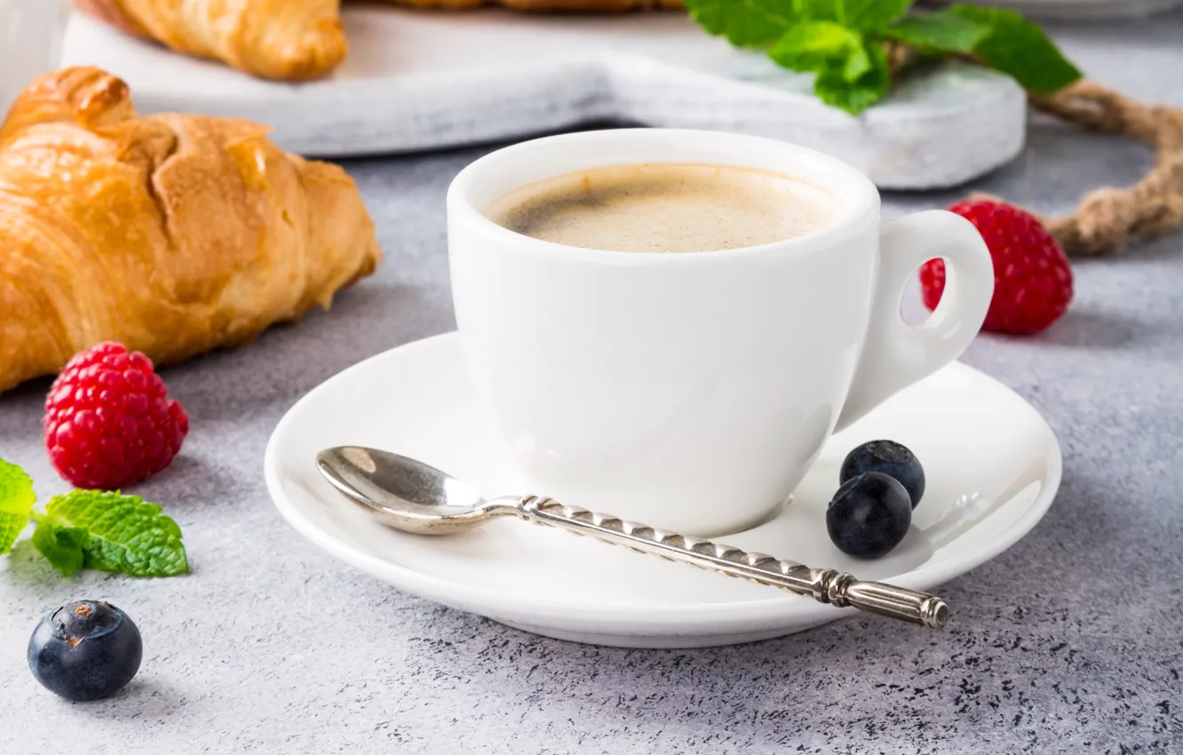 Photo wallpaper croissant, Iryna Melnyk, coffee, berries, raspberry, Breakfast