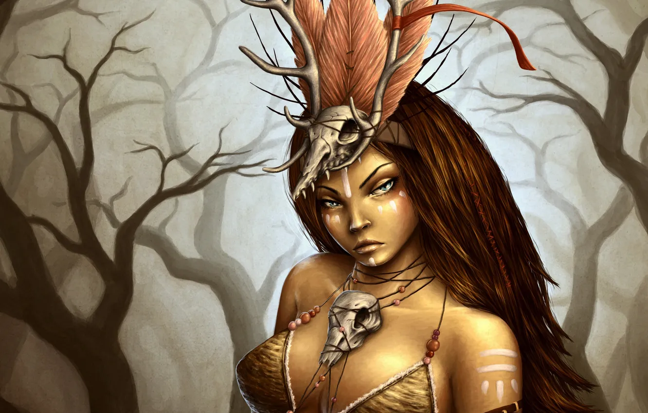 Photo wallpaper forest, girl, feathers, art, skull, savage