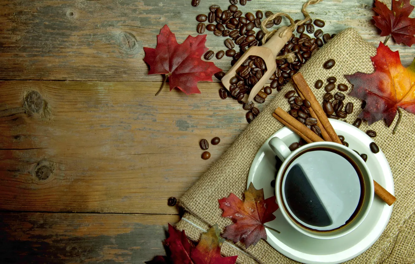 Photo wallpaper autumn, leaves, coffee, Cup, cinnamon, autumn, leaves, cup
