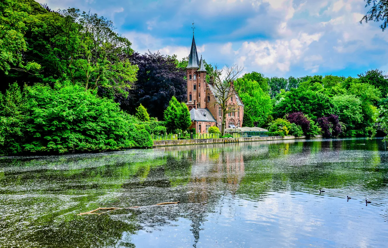 Photo wallpaper greens, trees, nature, the city, Park, river, castle, channel