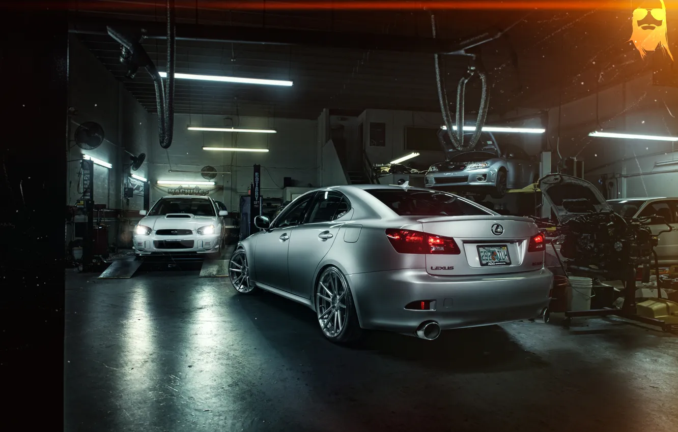 Photo wallpaper Lexus, Subaru, Impreza, workshop, rear, silvery, lift, IS 250