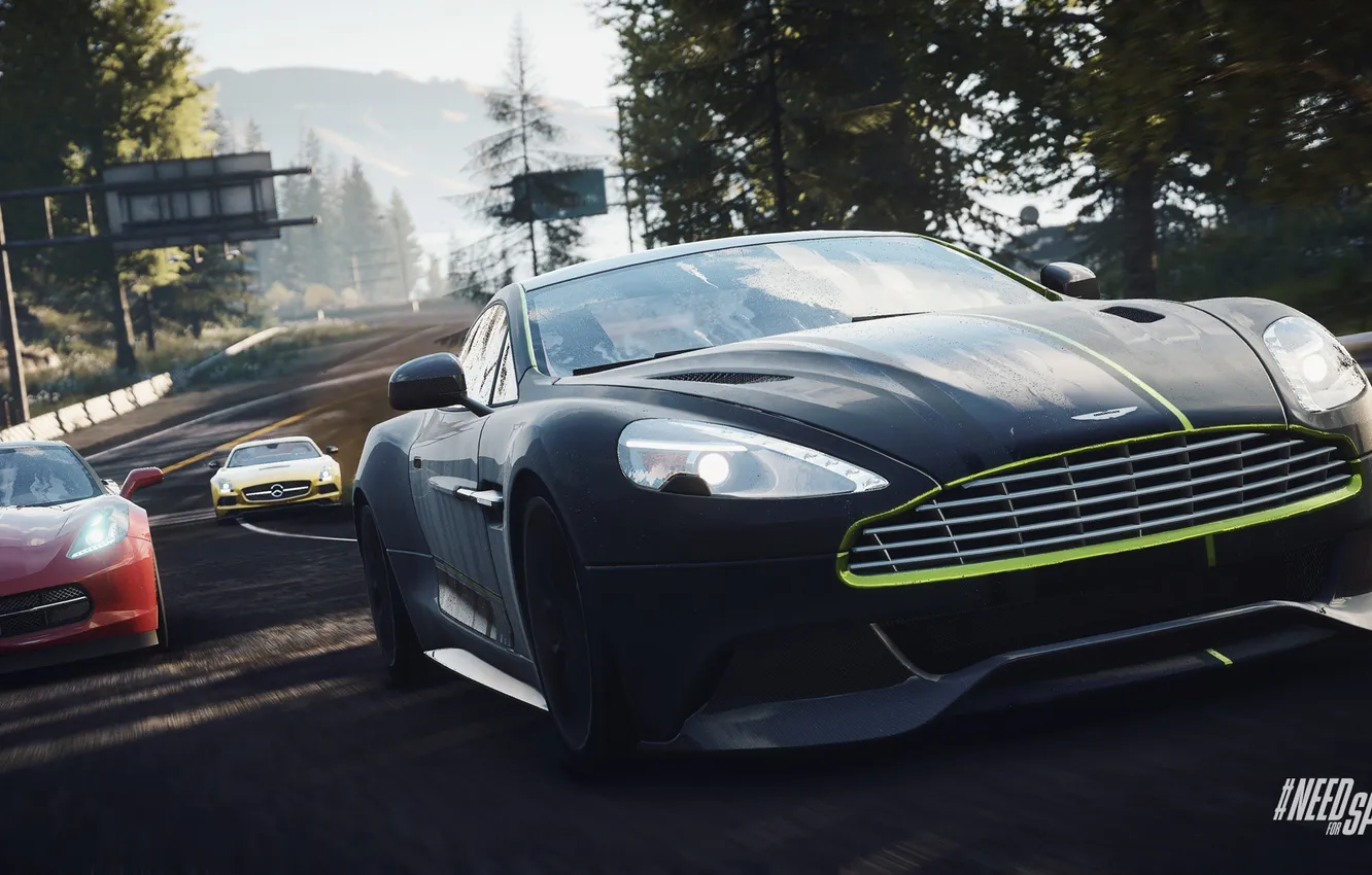 Photo wallpaper road, landscape, Aston Martin Vanquish, Mercedes SLS AMG, C7 Corvette, Need For Speed : Rivals