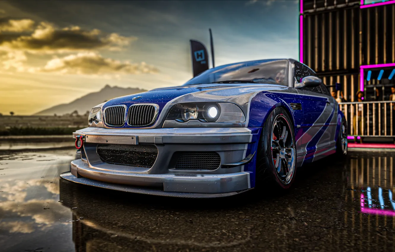 Photo wallpaper car, drift, rain, sky, sunset, clouds, reflection, bmw m3 gtr