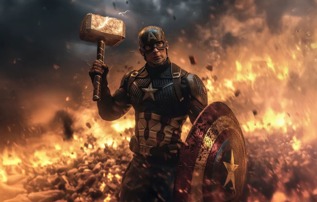 Photo wallpaper lights, fiction, hammer, costume, shield, Marvel, comic, Captain America