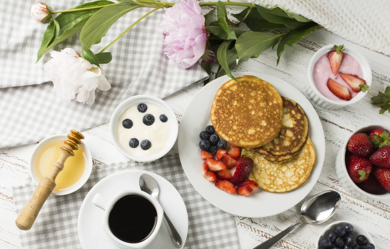 Photo wallpaper berries, coffee, food, blueberries, strawberry, pancakes, breakfast, yogurt