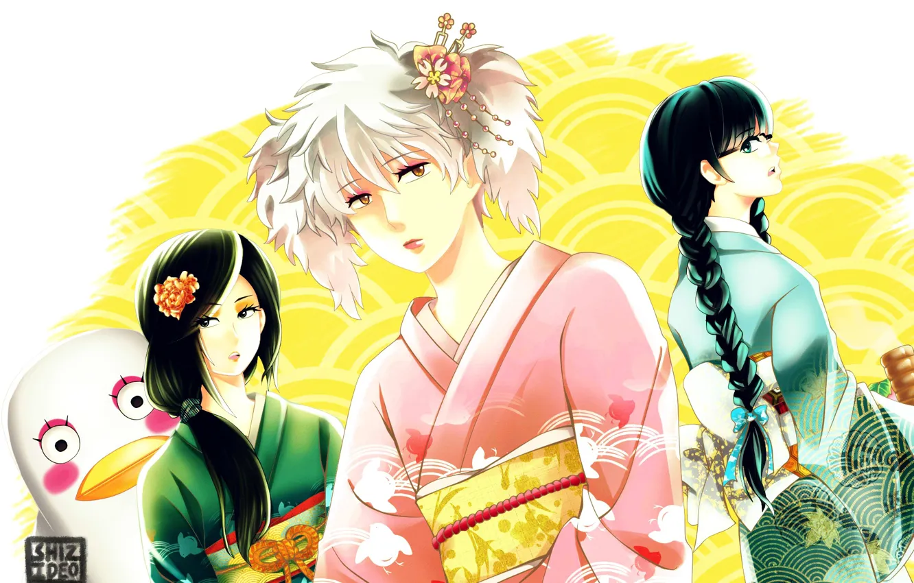 Photo wallpaper glasses, parody, kimono, hairstyles, geisha, braids, Gintama, Sakata Gintoki