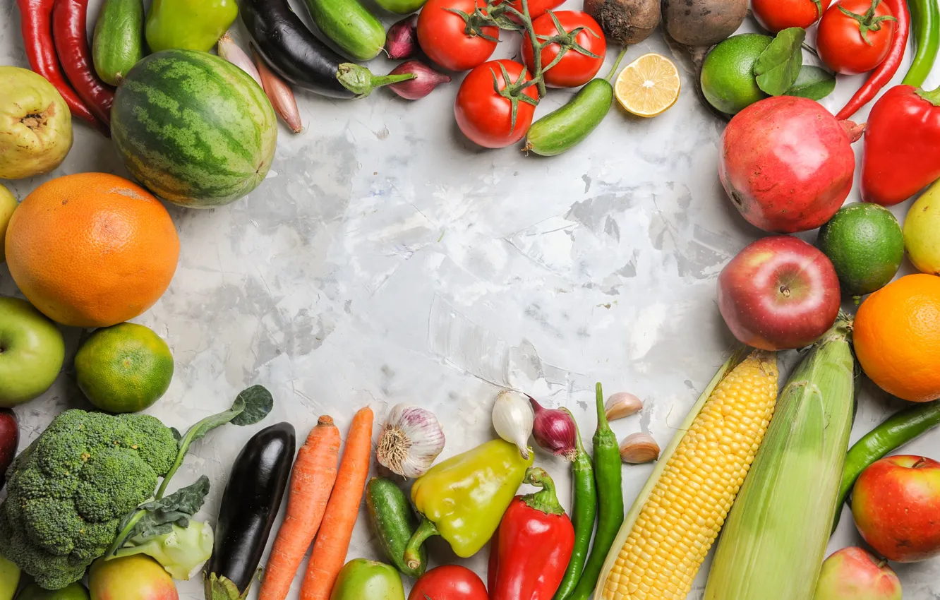Photo wallpaper apples, orange, corn, watermelon, harvest, bow, eggplant, lime