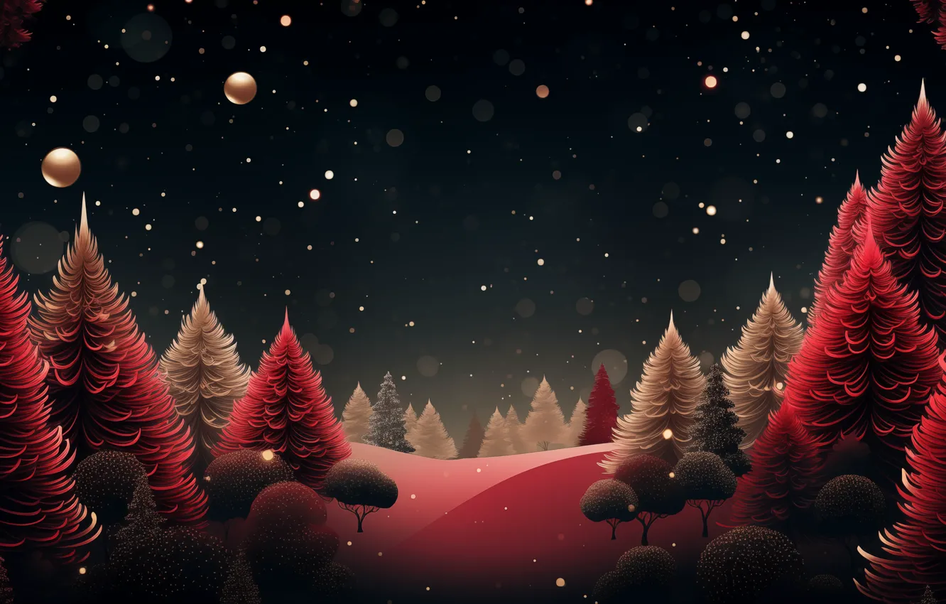 Photo wallpaper winter, forest, balls, snow, trees, night, red, the dark background