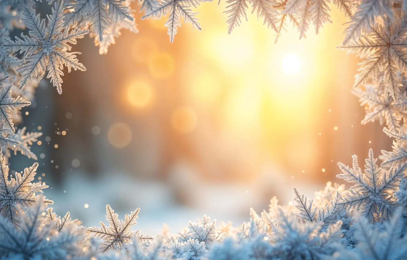 Photo wallpaper winter, forest, the sun, rays, light, snow, snowflakes, nature