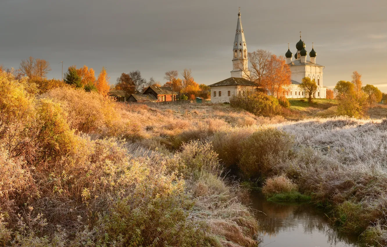 Photo wallpaper frost, grass, landscape, nature, stream, village, Church, Maxim Evdokimov