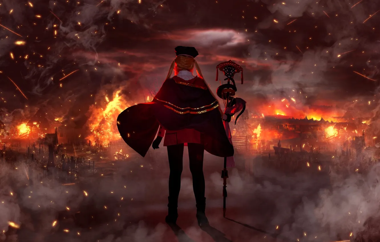 Photo wallpaper girl, clouds, the city, lights, fire, sparks, costume, panorama