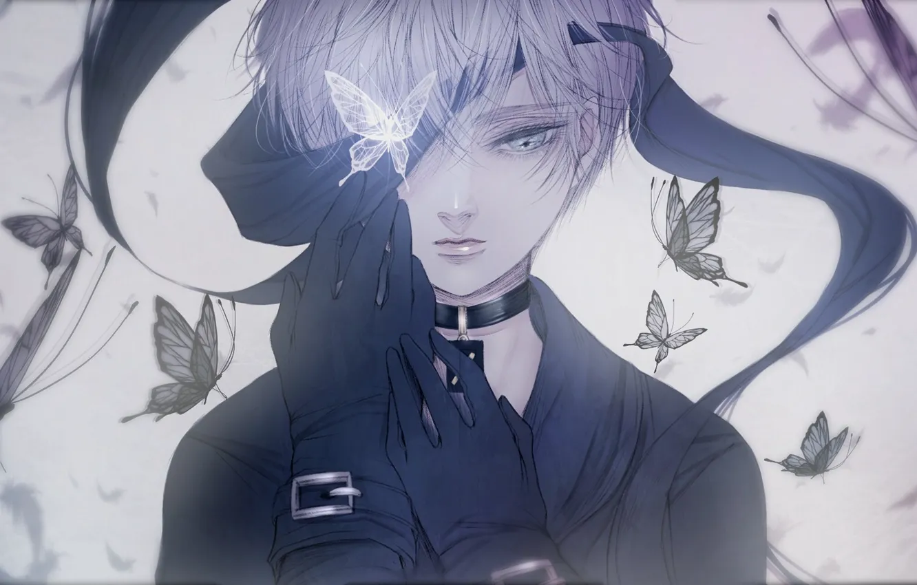 Photo wallpaper look, butterfly, the game, art, guy, NieR: Automata