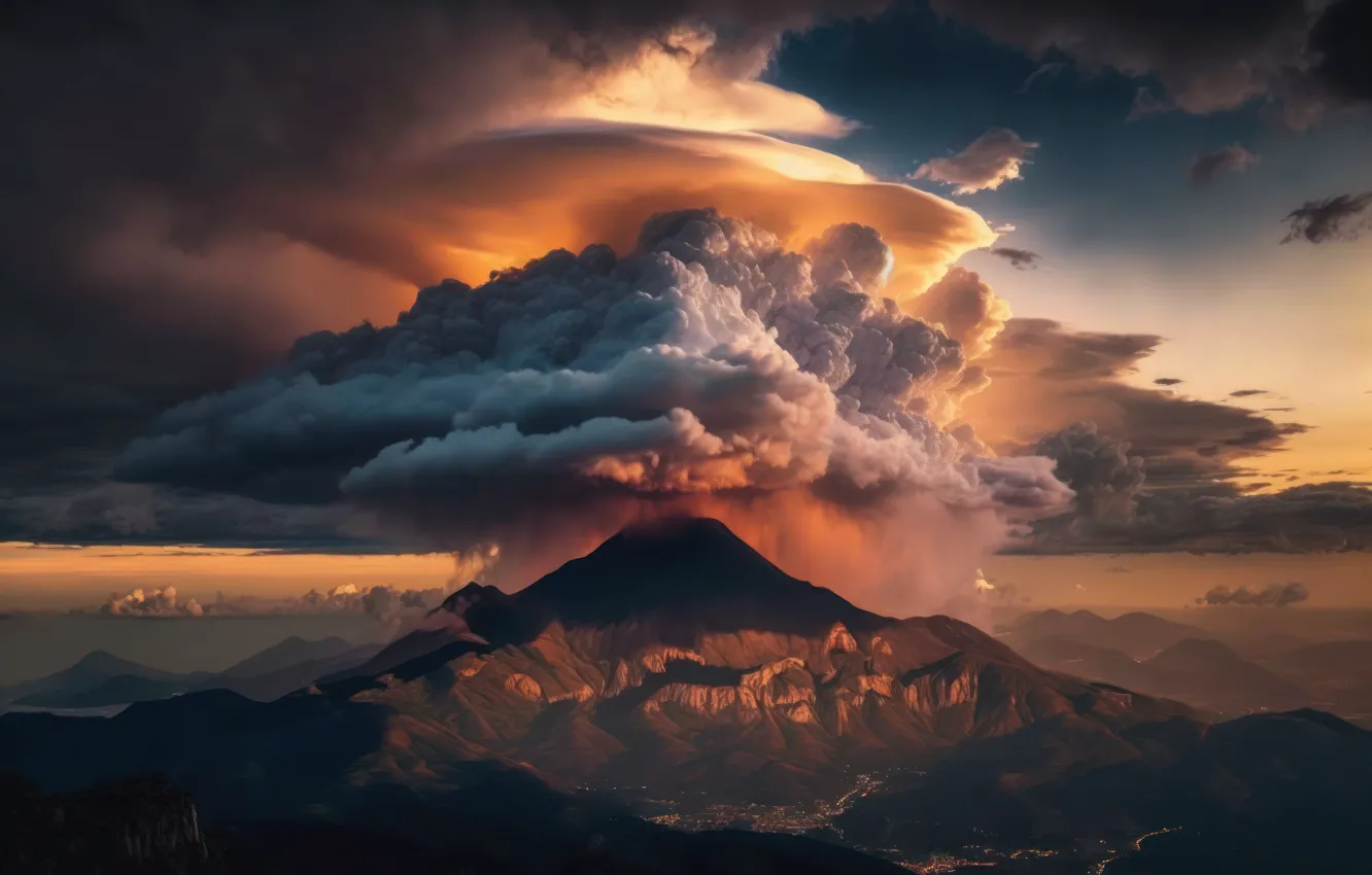 Photo wallpaper the sky, clouds, landscape, sunset, mountains, clouds, nature, rendering