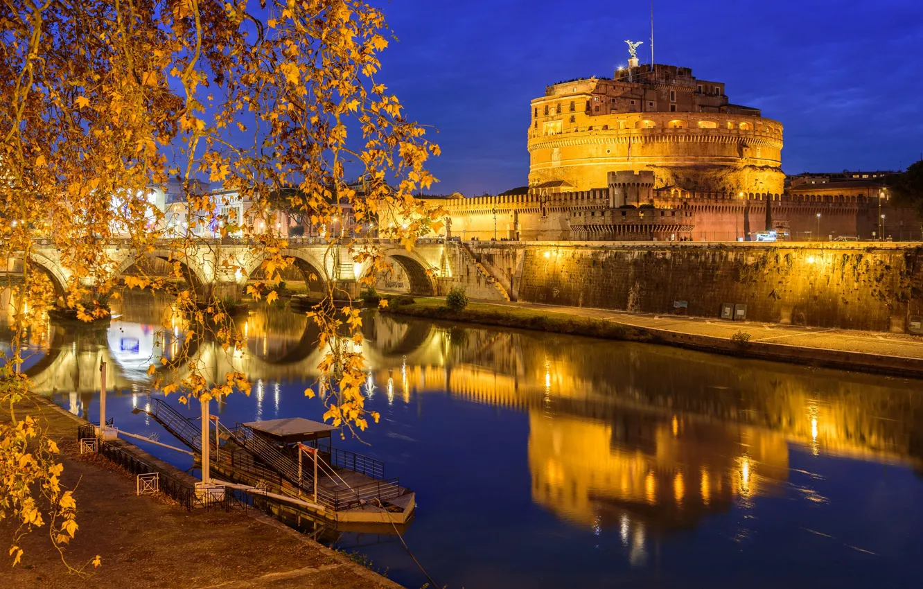 Photo wallpaper night, lights, reflection, river, Rome, Italy, The Tiber, Castel Sant'angelo