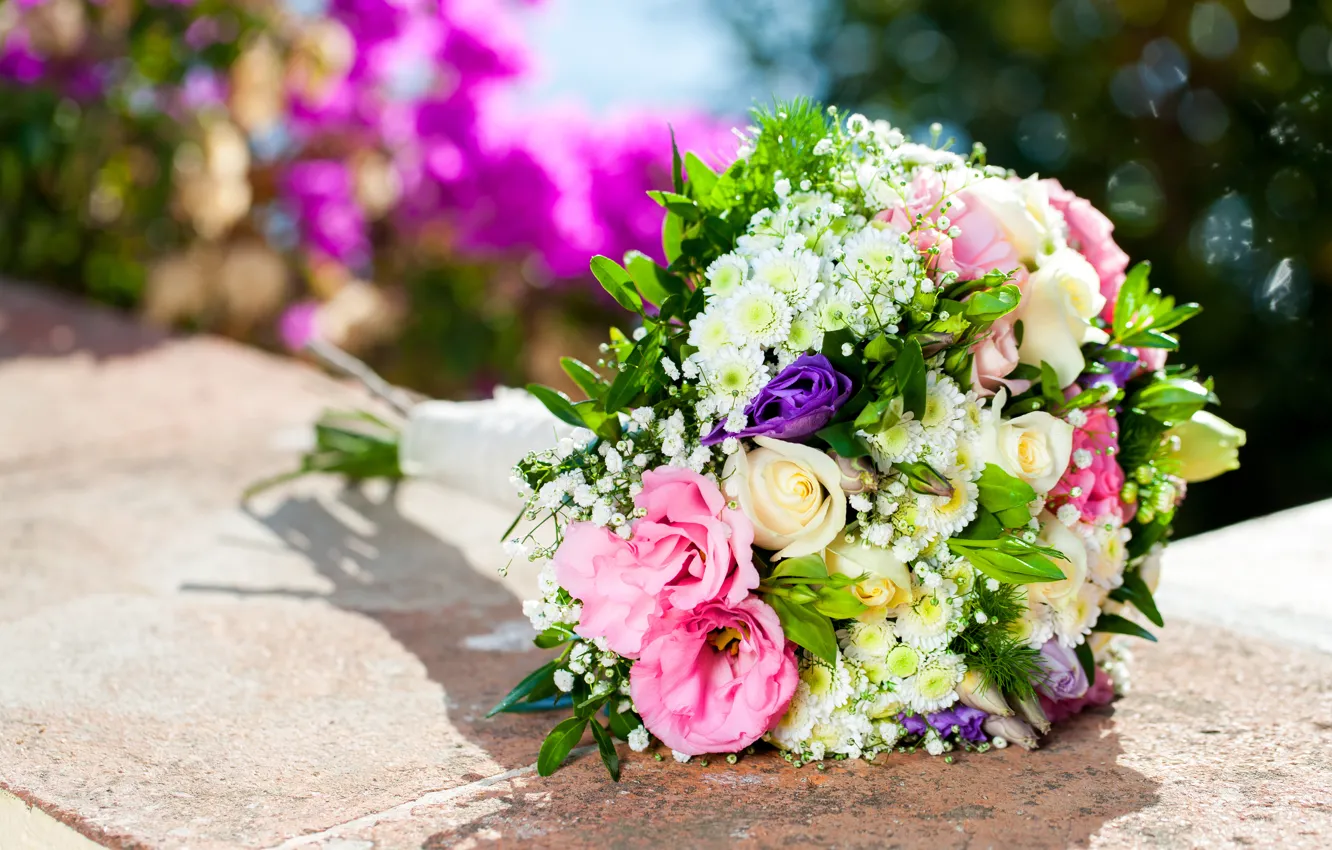 Photo wallpaper flowers, roses, bouquet, blur, pink, white, bokeh
