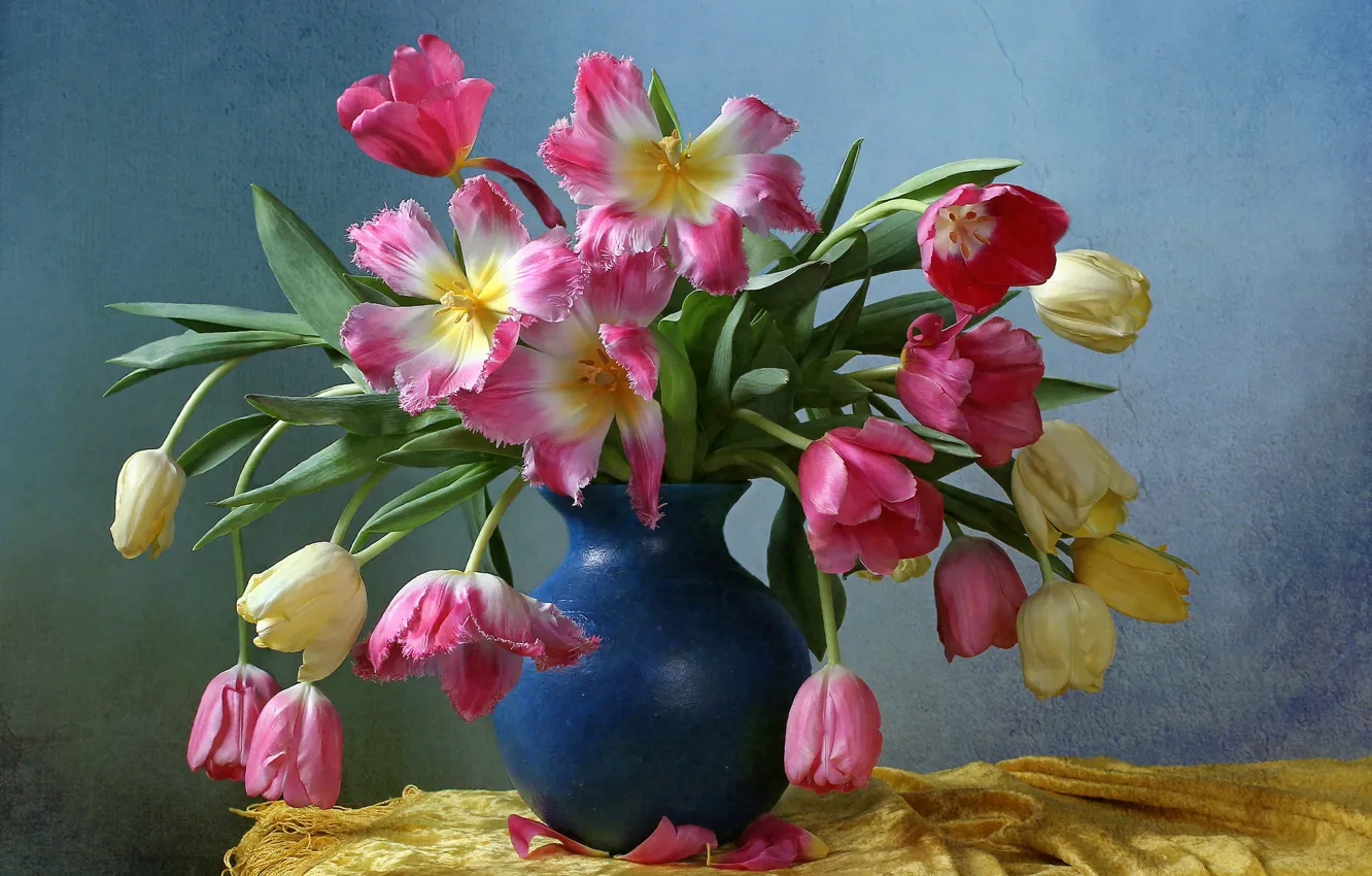 Photo wallpaper background, bouquet, tulips, vase