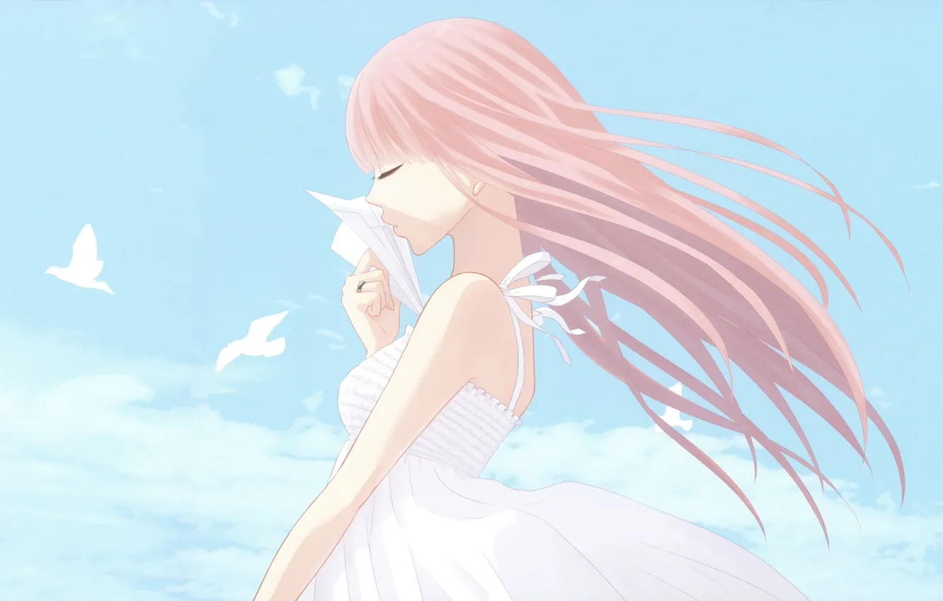 Photo wallpaper the sky, girl, clouds, birds, thoughts, Vocaloid, origami