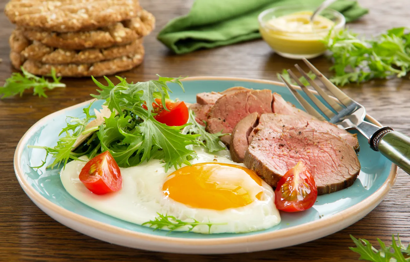 Photo wallpaper greens, vegetables, Breakfast, Scrambled eggs with roast beef and salad