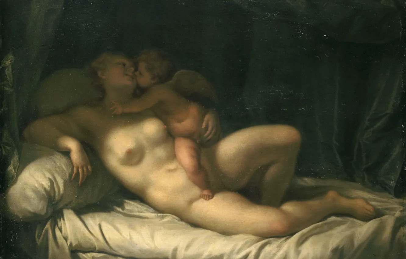 Photo wallpaper erotic, trees, oil, picture, mythology, Adrian van der Werff, Cupid Kissing Venus