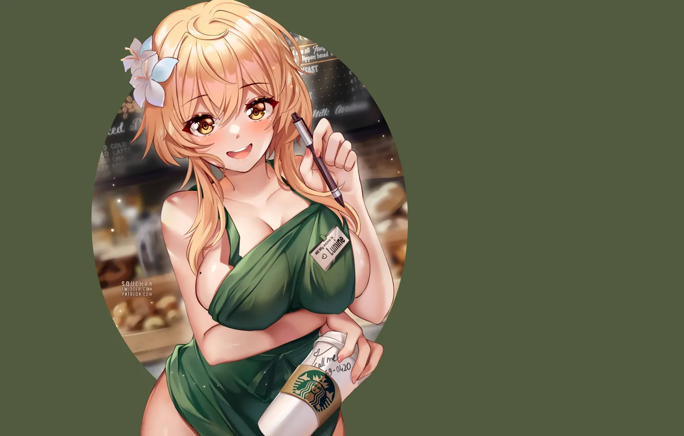 Photo wallpaper green, girl, hot, sexy, boobs, anime, pretty, blonde