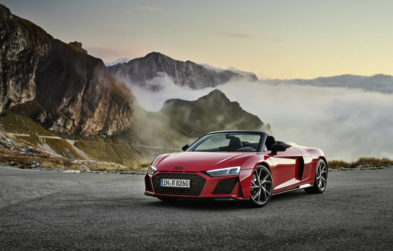 Photo wallpaper Audi R8, mountains, V10, Spyder, RWD, the evening, 2020, Audi