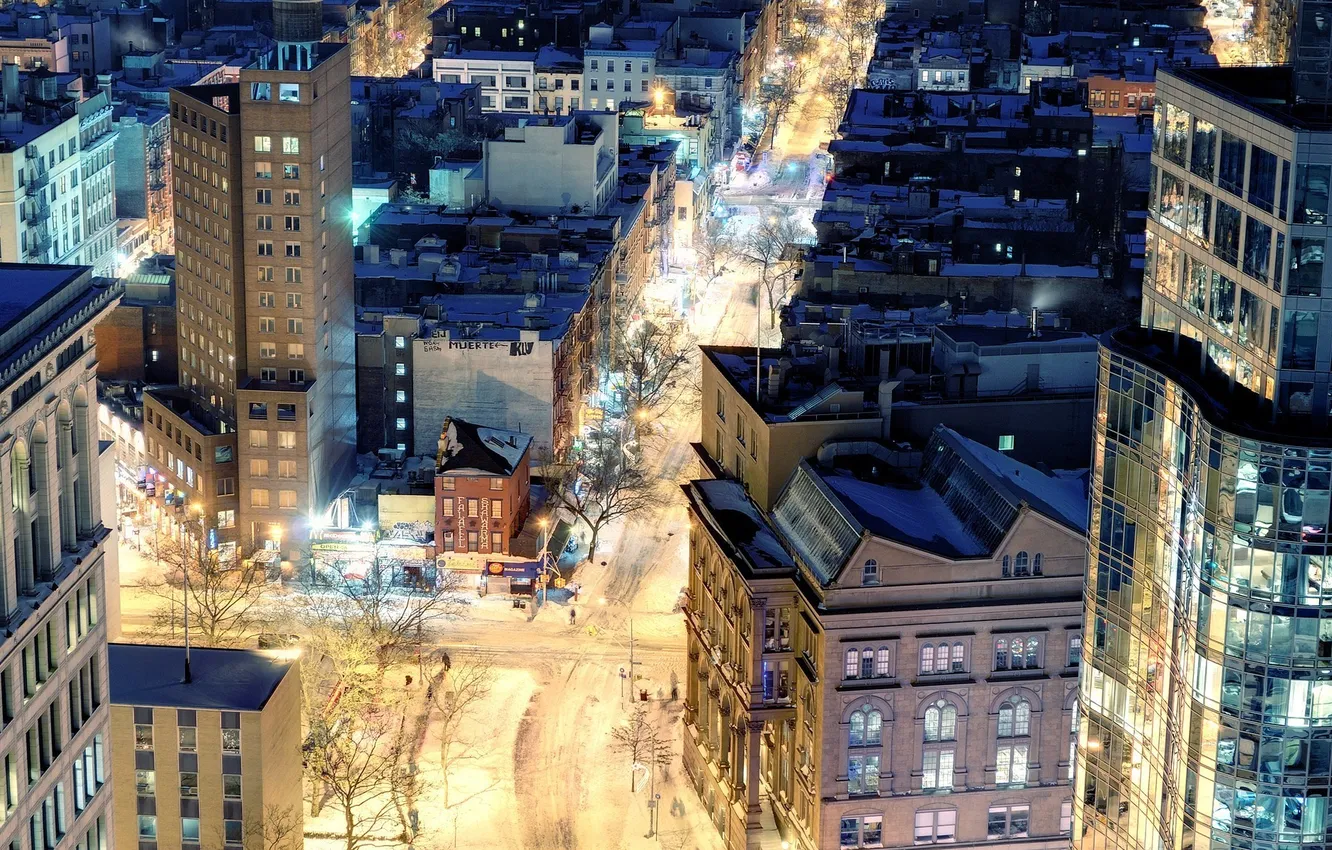 Photo wallpaper night, lights, New York, New York City, snow, St. Mark's, Astor Place