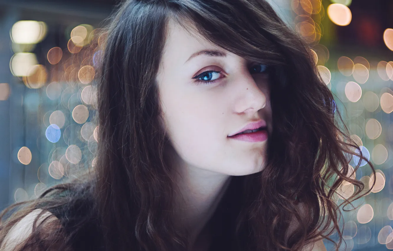 Photo wallpaper look, girl, brown hair, blue-eyed, curls
