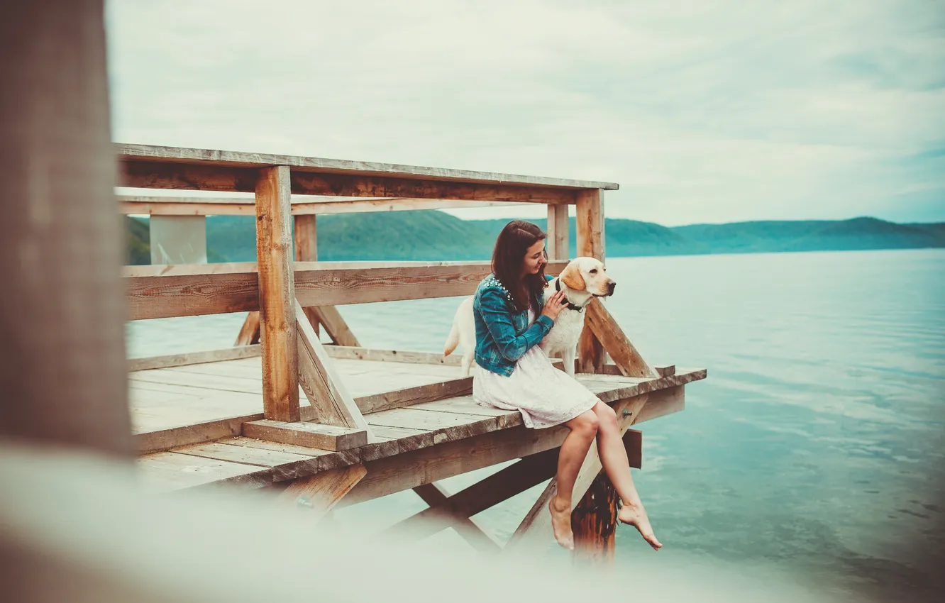 Photo wallpaper girl, lake, Marina, dog, Baikal