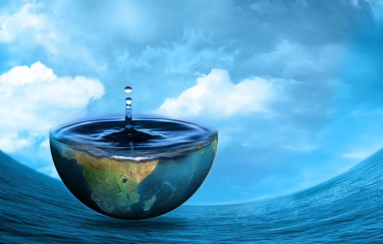 Photo wallpaper water, clouds, drops, creative, half, planet