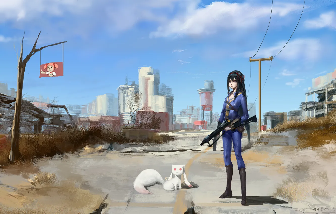 Photo wallpaper cat, girl, the city, machine, Chibi, mahou shoujo madoka magica, homura akemi, madoka kaname