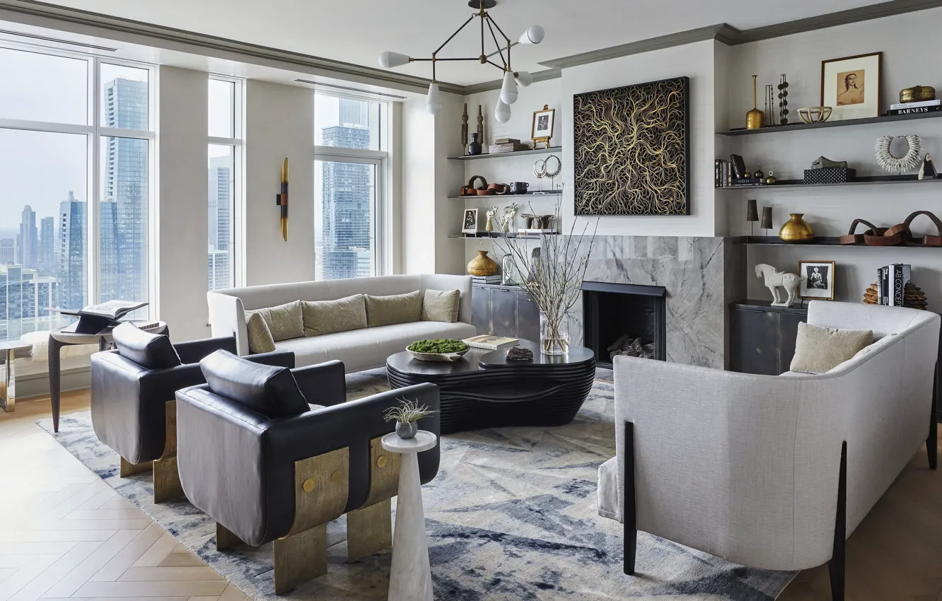 Photo wallpaper style, room, interior, Chicago, Chicago, living room, fireplace, design