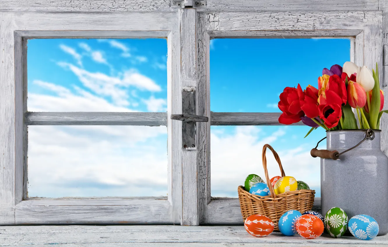 Photo wallpaper flowers, eggs, spring, window, Easter, tulips, flowers, tulips