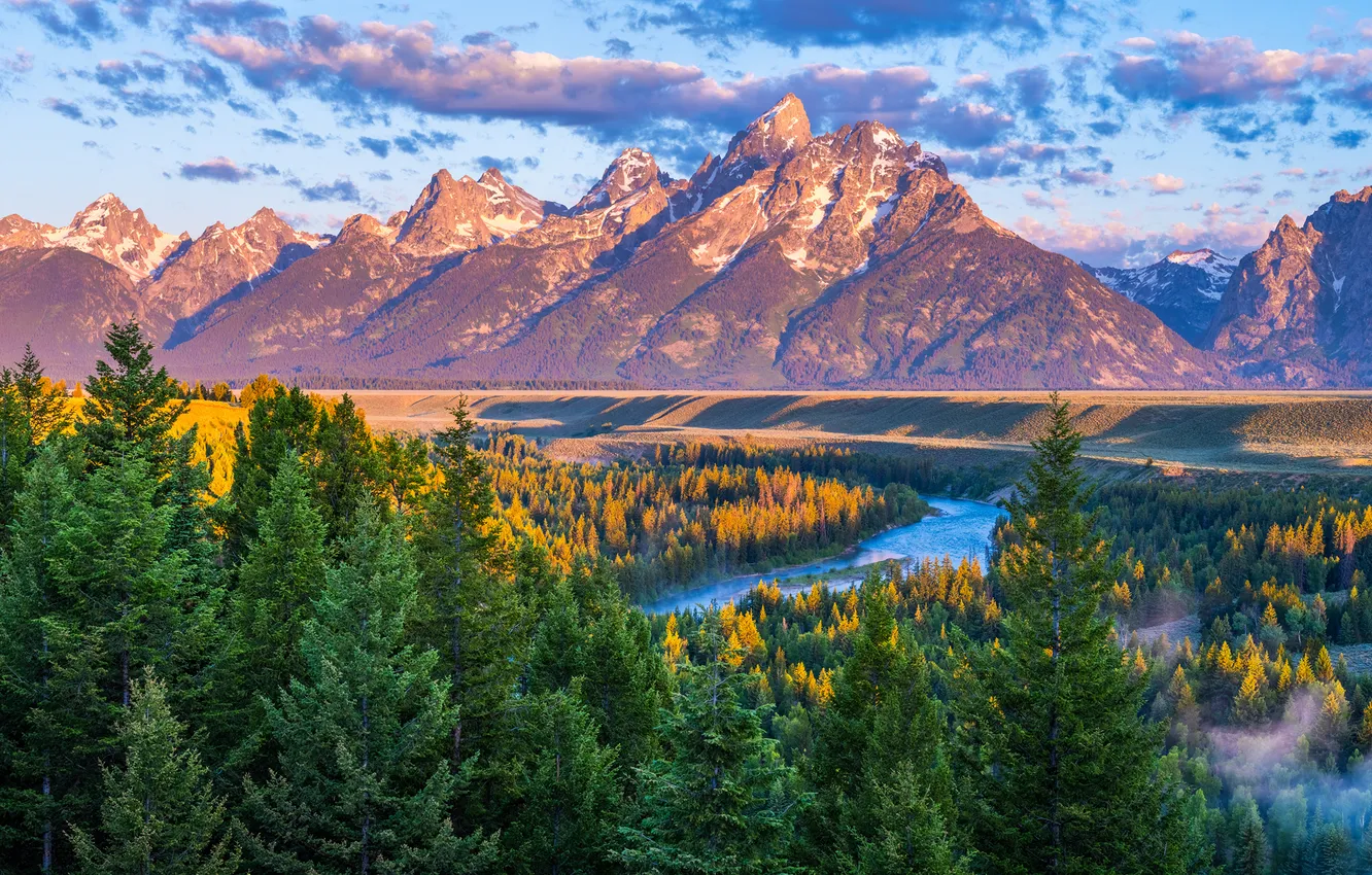 Photo wallpaper landscape, mountains, river, USA, Grand Teton National Park