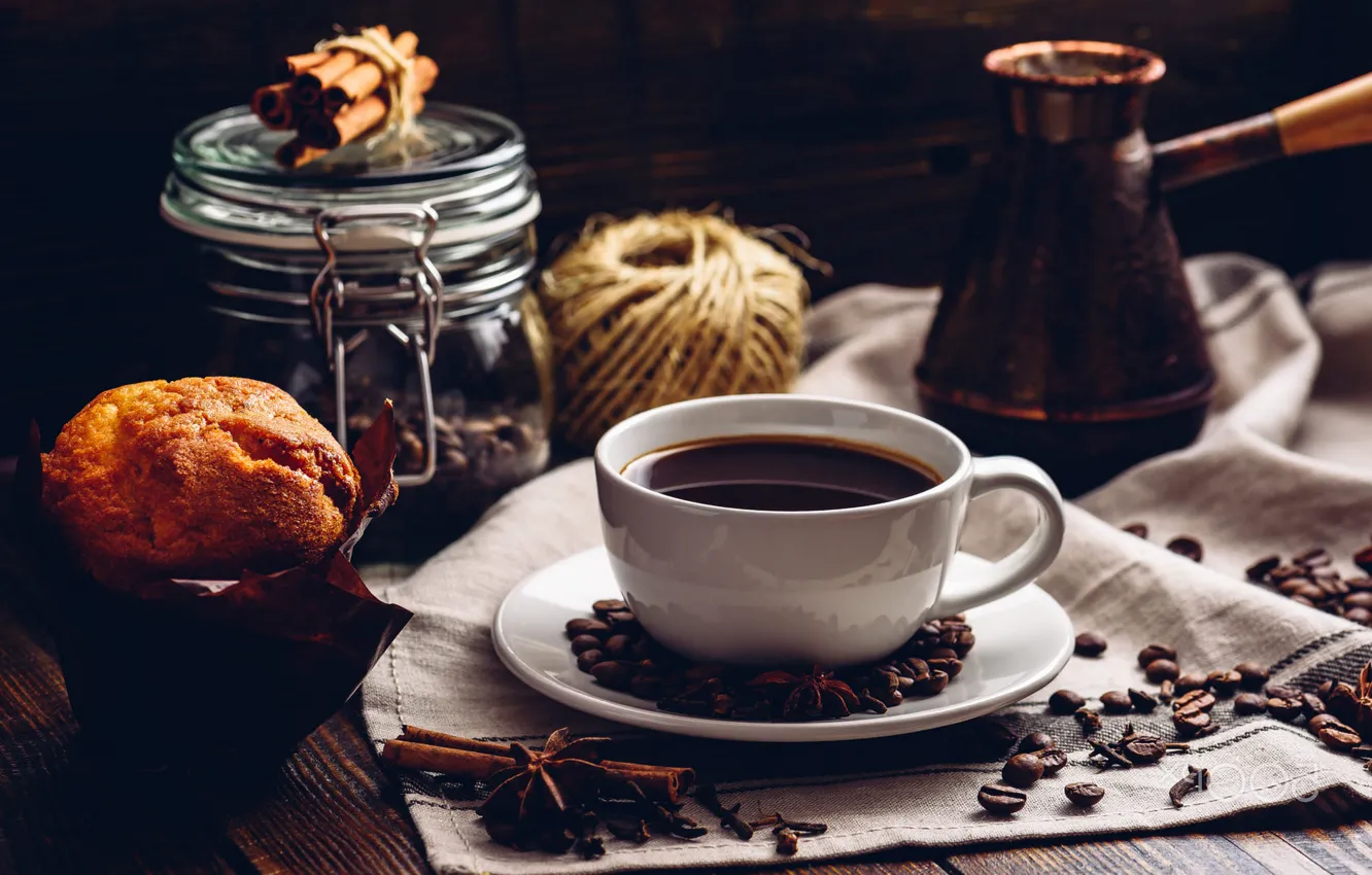 Photo wallpaper table, black, coffee, towel, Cup, Bank, placer, cinnamon