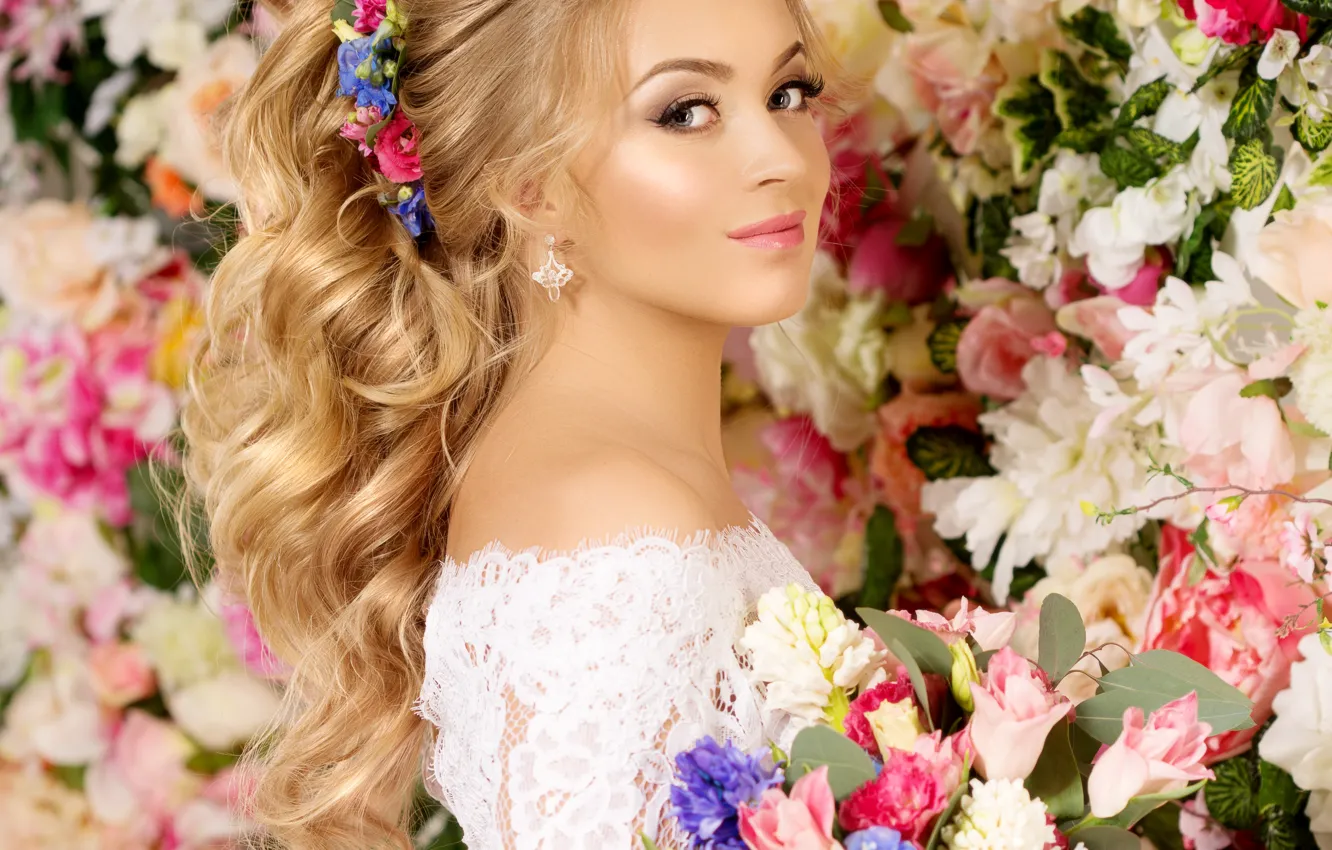 Photo wallpaper look, flowers, background, bouquet, makeup, dress, hairstyle, blonde