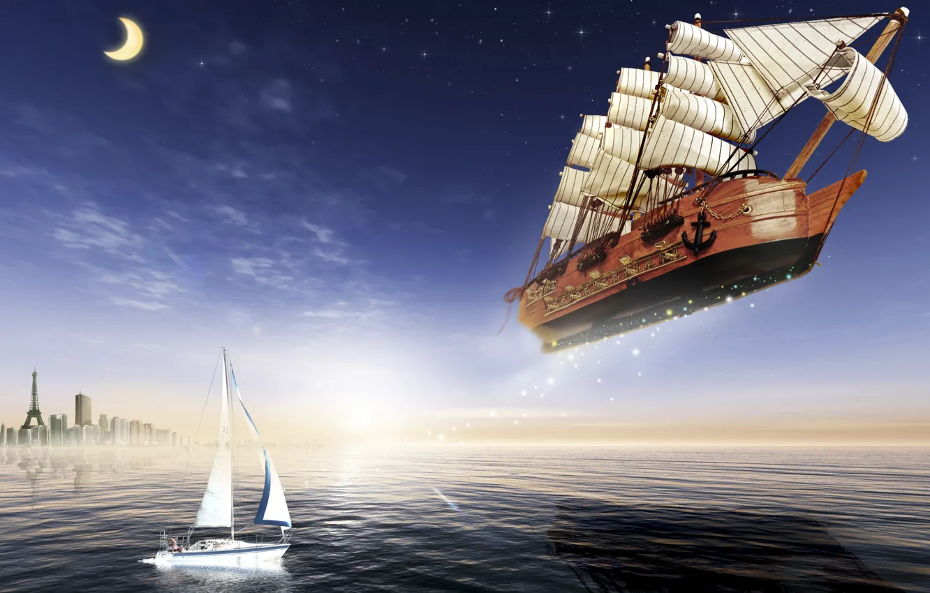 Photo wallpaper sea, the moon, ship, sailboat, yacht, Volatile