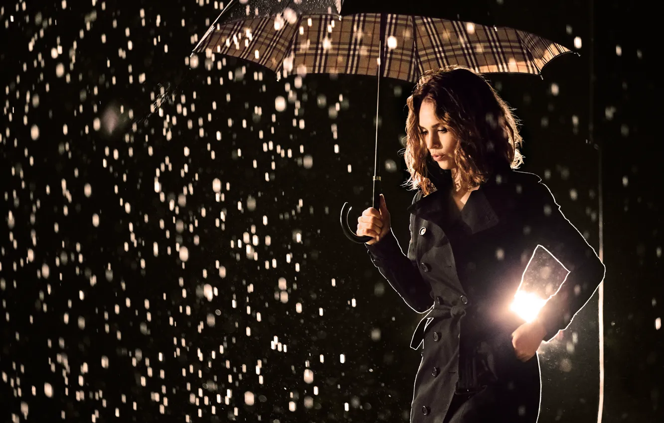 Photo wallpaper drops, light, night, rain, model, umbrella, advertising, actress