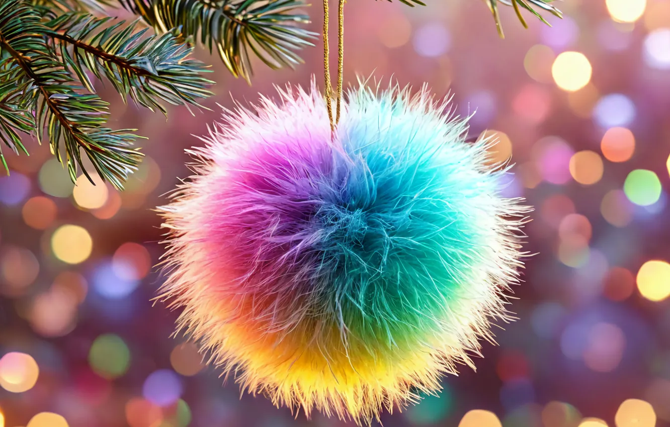 Photo wallpaper new year, rainbow, fur, Christmas toy