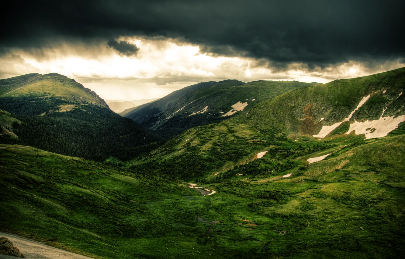Photo wallpaper the sky, clouds, trees, landscape, mountains, nature, green, hills