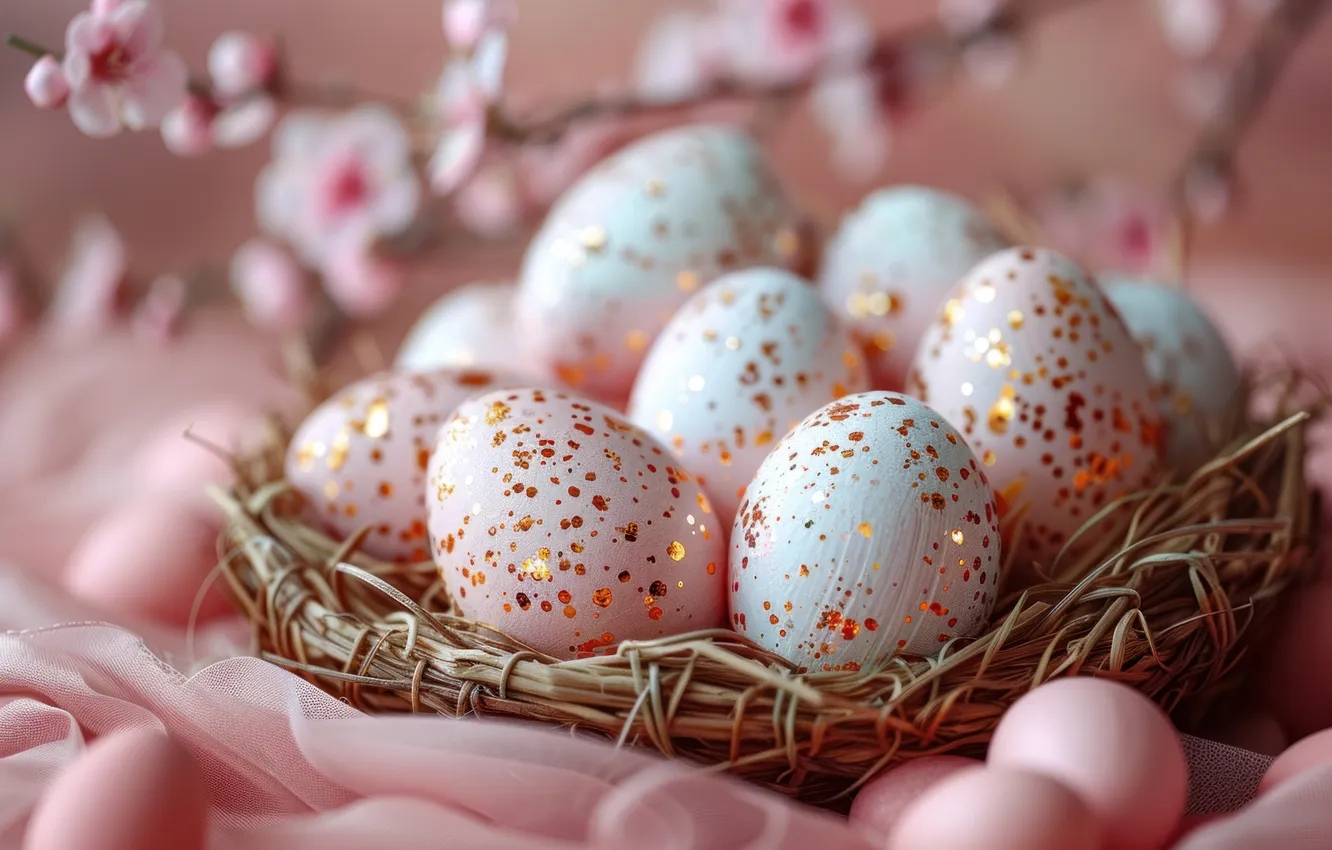 Photo wallpaper holiday, eggs, sequins, Easter, socket, AI art, Easter background, neural network