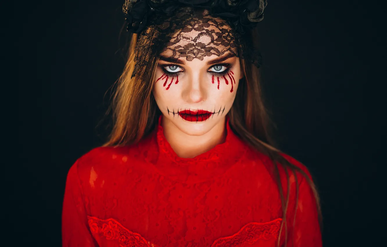 Photo wallpaper autumn, girl, the dark background, holiday, makeup, pumpkin, Halloween, witch