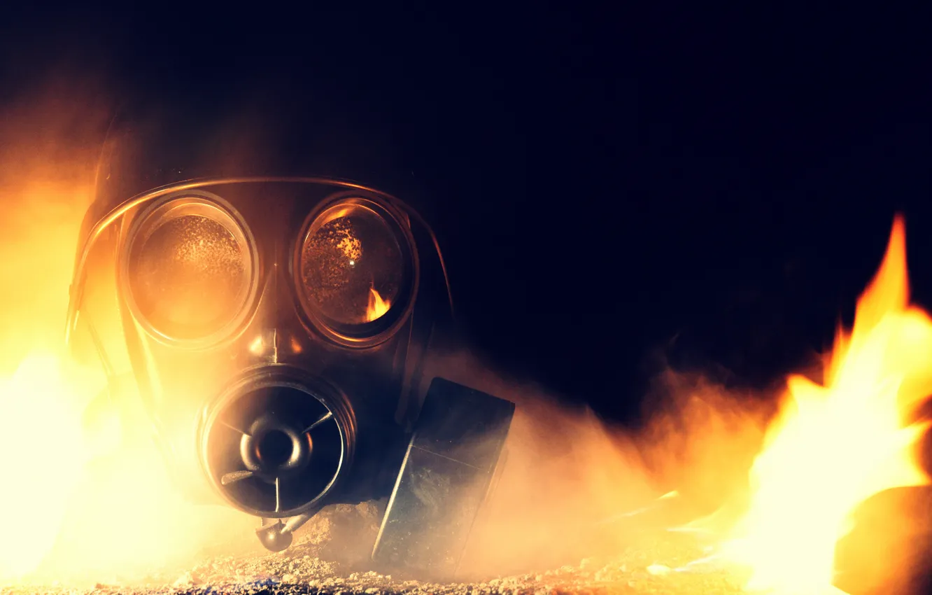 Photo wallpaper background, flame, gas mask, helmet