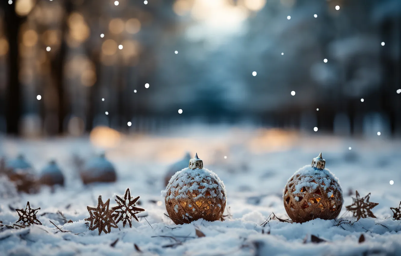 Photo wallpaper snow, decoration, night, balls, Christmas, New year, Christmas, balls