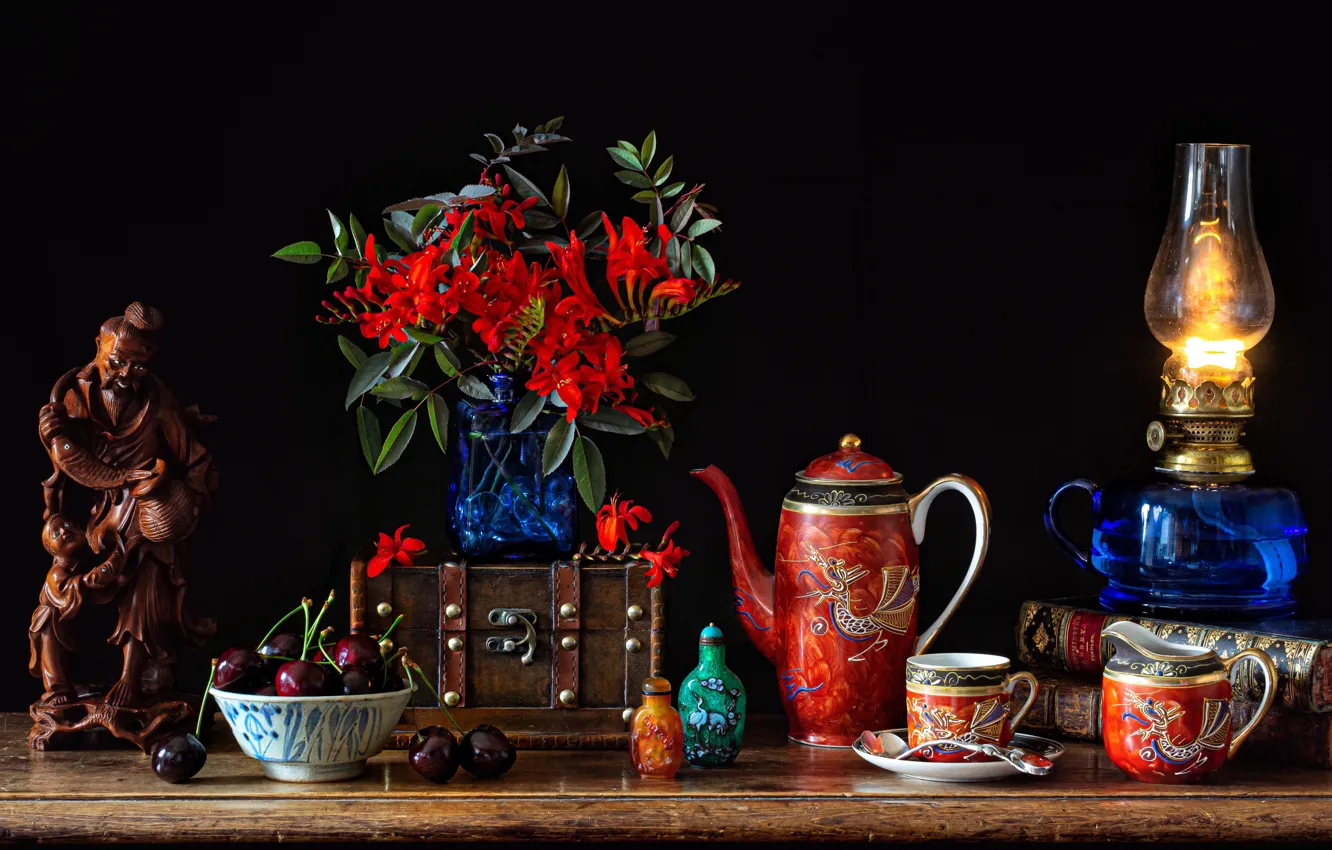 Photo wallpaper flowers, style, berries, lamp, bouquet, figurine, still life, cherry