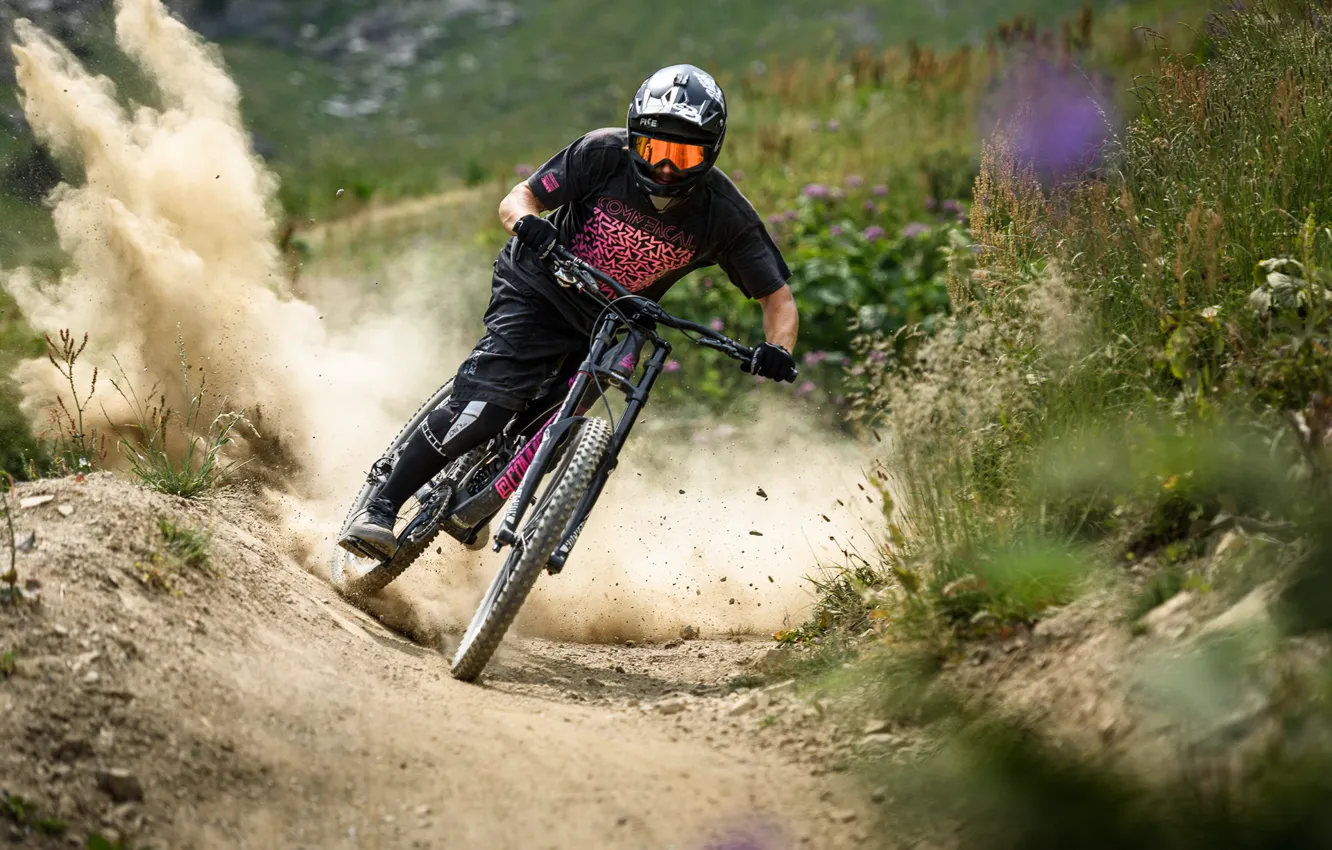 Photo wallpaper flowers, bike, dust, cyclist, riding