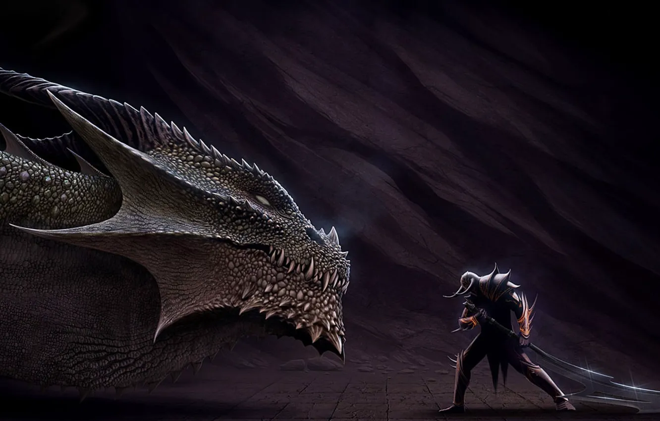 Photo wallpaper dragon, sword, head, warrior, art, lizard, horns, helmet