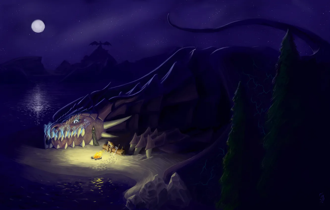Photo wallpaper forest, girl, mountains, night, lake, the moon, dragon, the fire