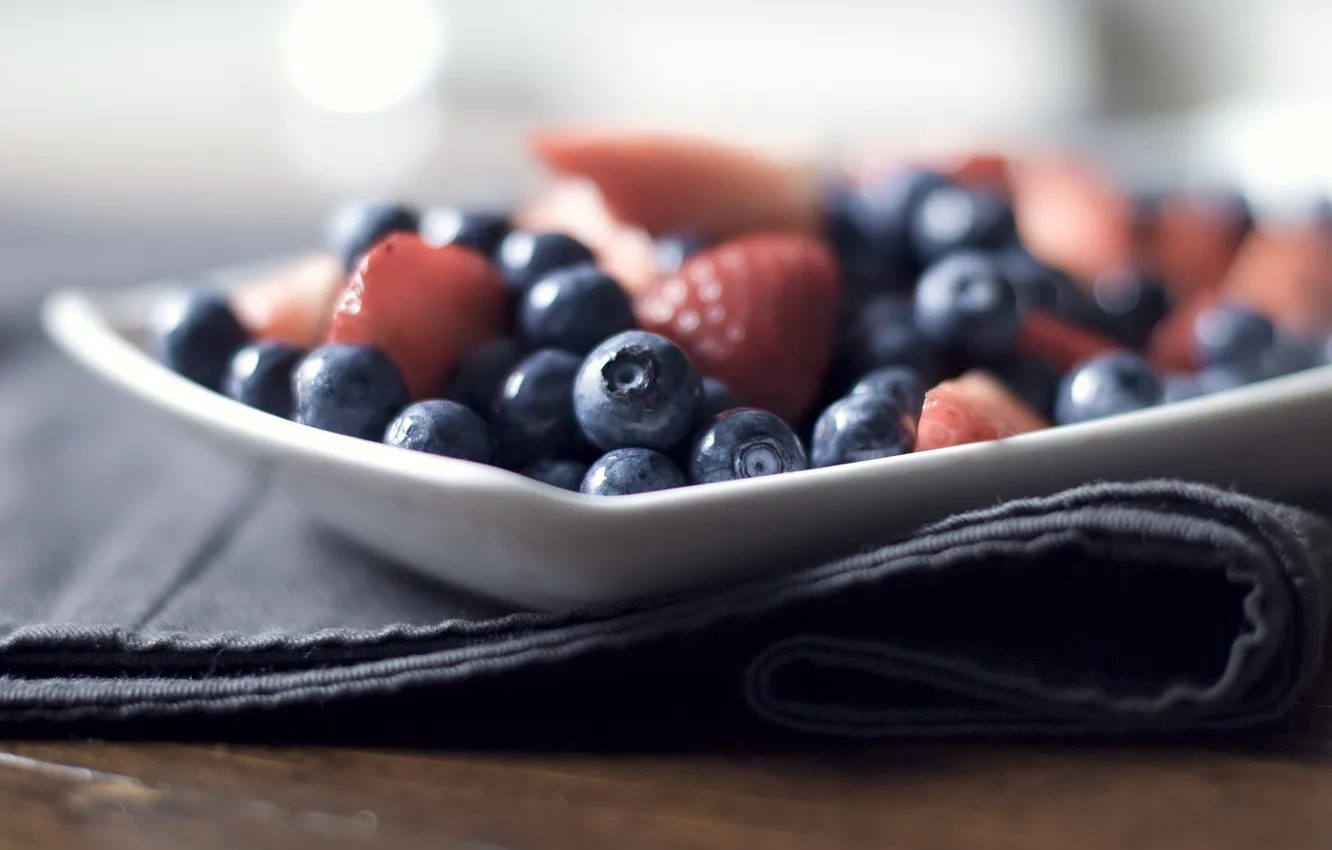Photo wallpaper berries, food, blueberries, strawberry, plate, napkin